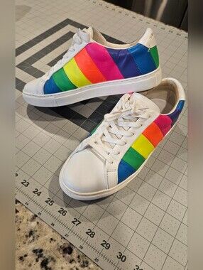 Kurt Geiger White Leather Sneakers with Rainbow Stripes